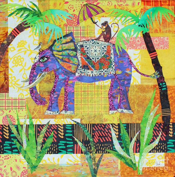 Whimsical Whimsy Elephant Elephants Monkey Monkeys Animal Animals Mammal Mammals Bird Birds Fanciful Yellows African Palm Tree Trees Collage Collages Mixed_media Poster featuring the mixed media Old Pals by Li Newton