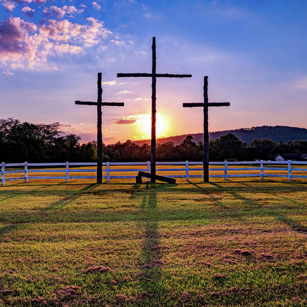 Three Crosses Poster featuring the photograph Old Wooden Crosses Sunset by Gregory Ballos