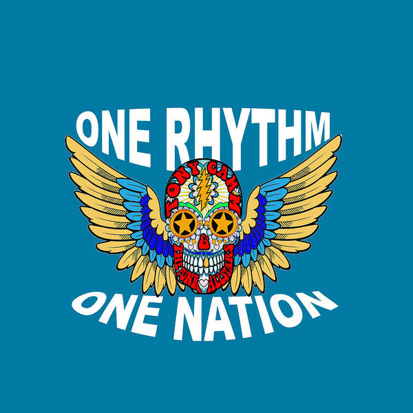 Poster featuring the digital art One Rhythm One Nation Aqua Print by Tony Camm