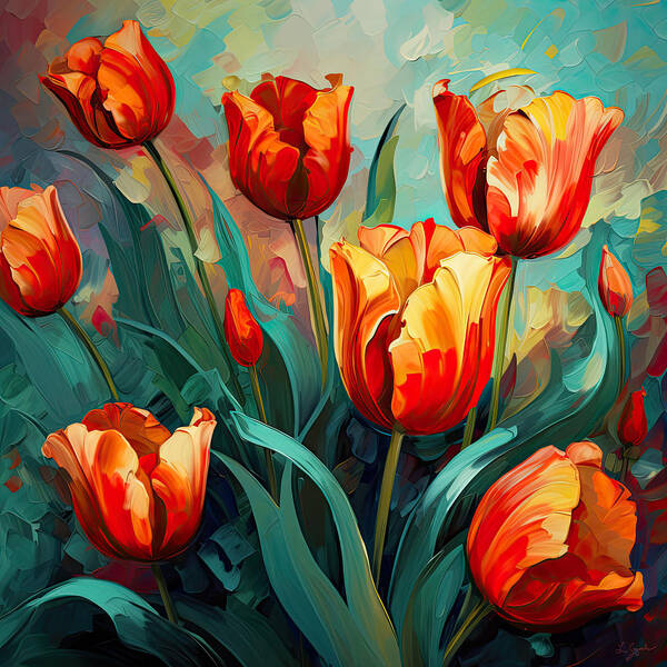 Red Tulips Poster featuring the painting Orange Symphony - Orang Tulips Art by Lourry Legarde