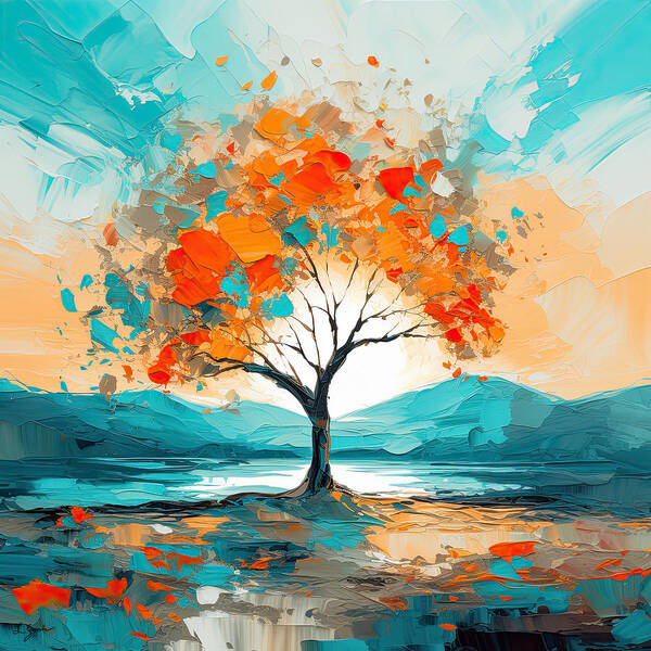 Turquoise Art Poster featuring the painting Orange Tree Art by Lourry Legarde