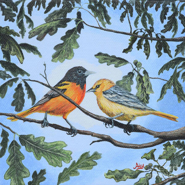 Birds Poster featuring the painting Oriole Birds on White Oak Tree by Aicy Karbstein