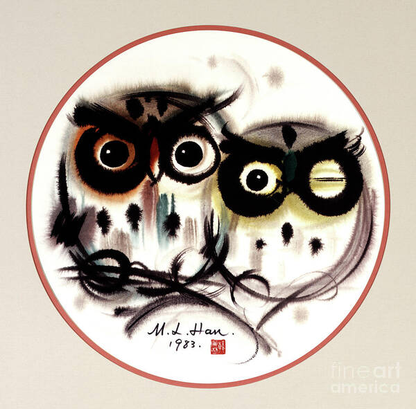 Han Meilin Poster featuring the painting Owls by Han Meilin