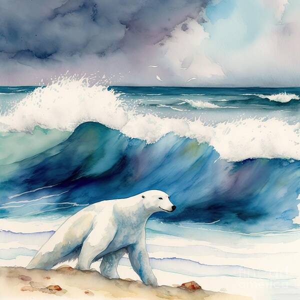 Fur Poster featuring the painting Polar Bear At Beach by N Akkash