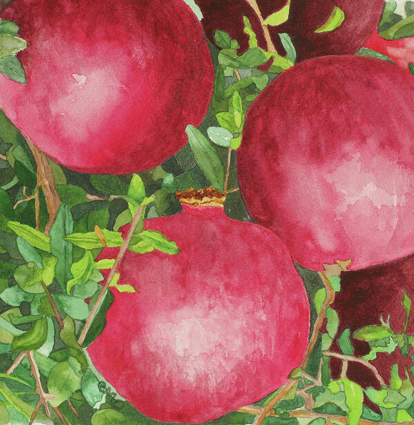 Pomegranates Poster featuring the painting Pomegranates in tree by Eunice Olson