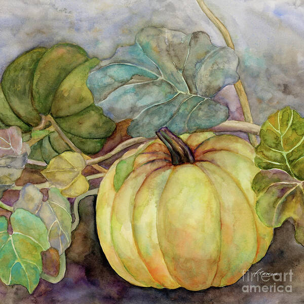 Autumn Pumpkins Poster featuring the painting Pumpkin Patch - Leafy Vine by Hailey E Herrera
