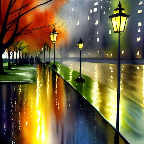 Cityscape Poster featuring the mixed media Rainy Night by Bonnie Bruno