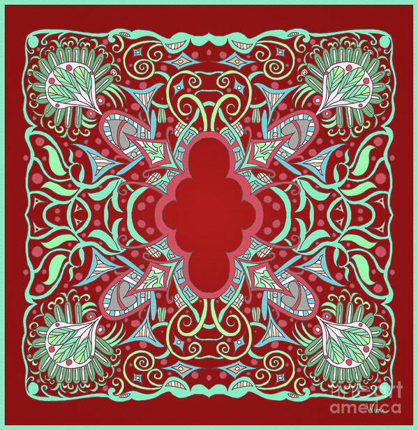Lise Winne Poster featuring the mixed media Red and Green Square Semi Abstract Design with Leaves and Leaf Fans by Lise Winne