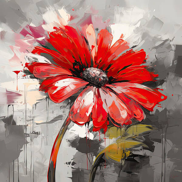 Red And Gray Art Poster featuring the digital art Red Flower on a Gray Background by Lourry Legarde