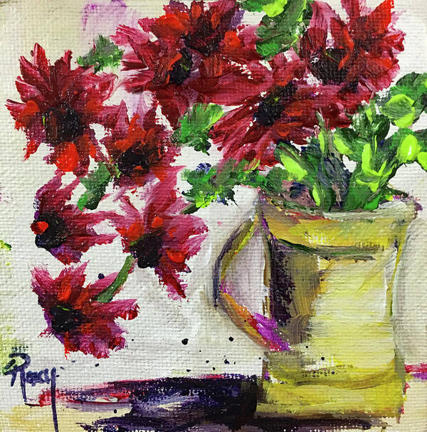 Red Flowers Poster featuring the painting Red Flowers in a Yellow Pitcher by Roxy Rich