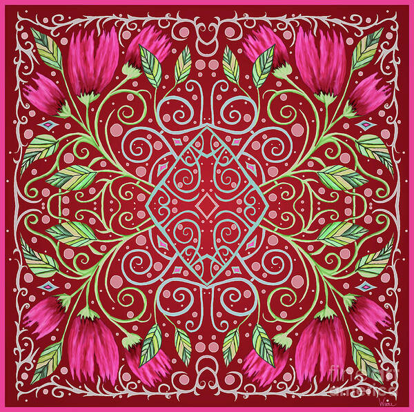 Red On Red Poster featuring the mixed media Red on Red Floral Design with Leaves and Diamond by Lise Winne