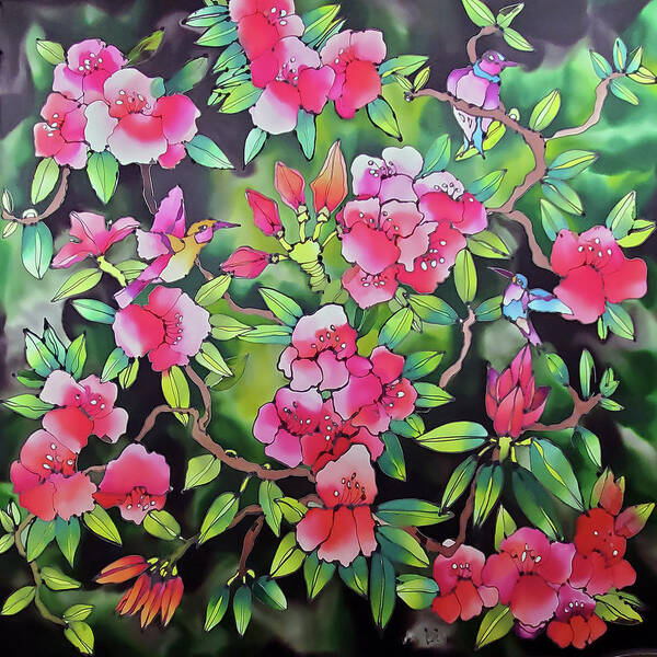 Hand Painted Silk Scarves Poster featuring the tapestry - textile Rhododendron with hummingbirds by Karla Kay Benjamin