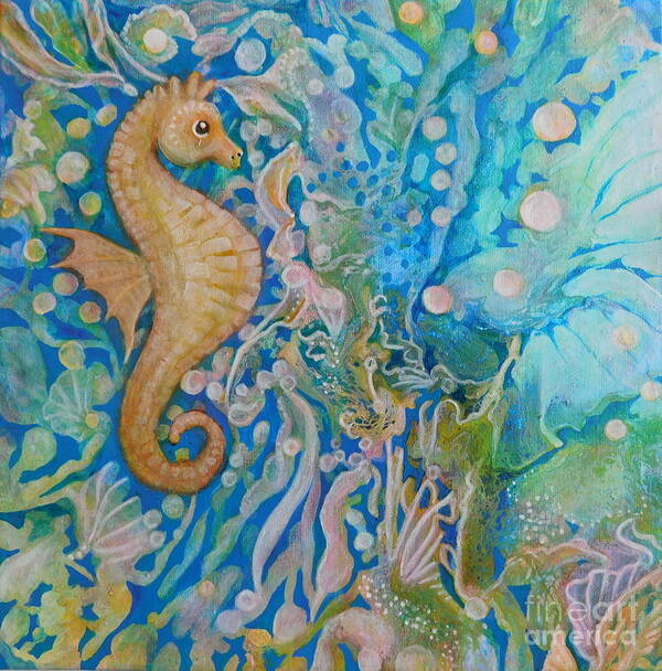 I Painted This Whimsical Painting Of A Seahorse In An Imaginary Underwater World Using All The Colors Of The Rainbow. Poster featuring the painting Ride a Painted Pony by Joan Clear