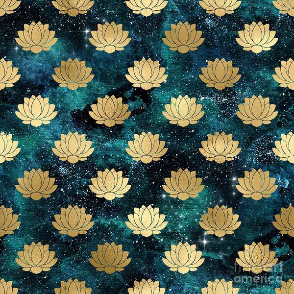 Watercolor Poster featuring the digital art Rivala - Teal Gold Watercolor Lotus Galaxy Dharma Pattern by Sambel Pedes