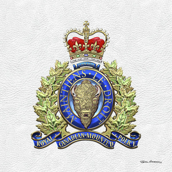 'insignia & Heraldry' Collection By Serge Averbukh Poster featuring the digital art Royal Canadian Mounted Police - R C M P Badge over White Leather by Serge Averbukh