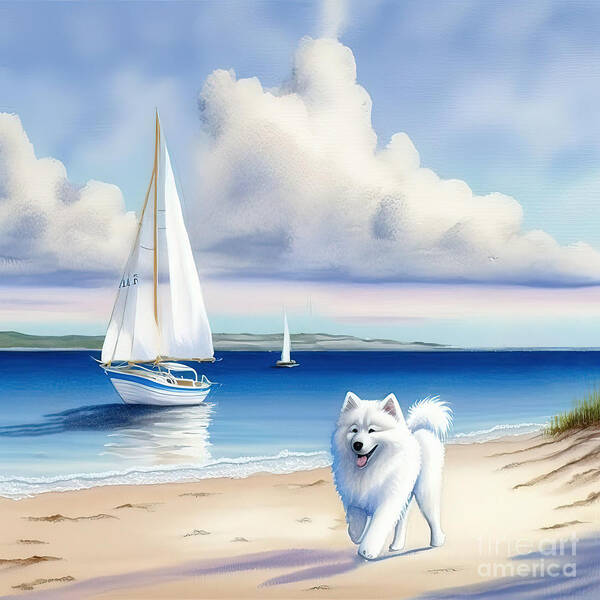 Bearded Collie Poster featuring the painting Samoyed at beach by N Akkash
