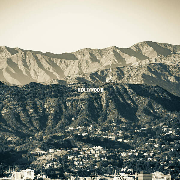 America Poster featuring the photograph Santa Monica Mountain Hollywood Hills Sign - Sepia 1x1 by Gregory Ballos