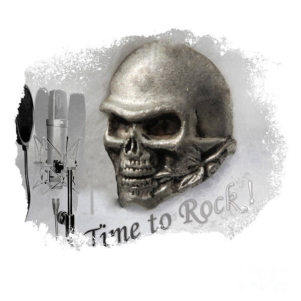 Silver Poster featuring the digital art Silver metal skull with mic, rock music motivation by Tom Conway