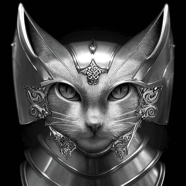 Warriors Poster featuring the digital art Singa the Warrior Cat - Black and White by Peggy Collins