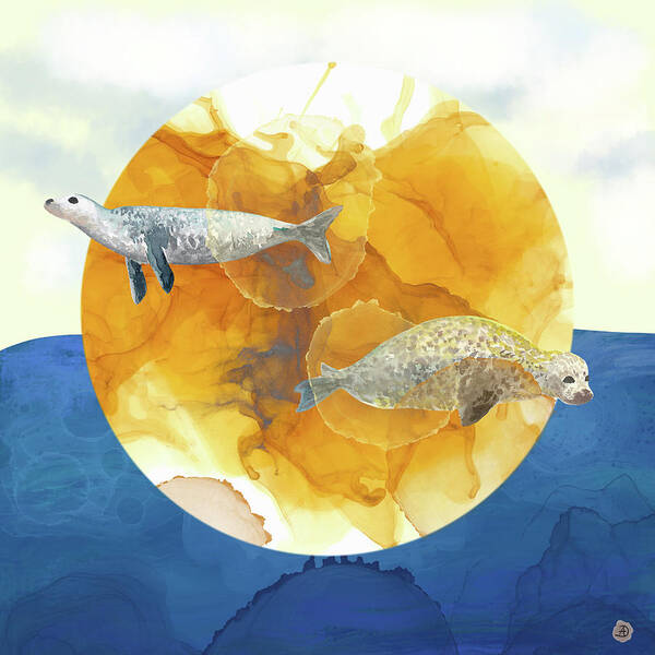 Seal Poster featuring the digital art Solar Seals - A Midsummer Night's Surreal Dream by Andreea Dumez