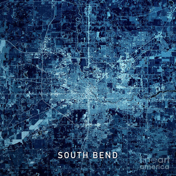 South Bend Poster featuring the digital art South Bend Indiana 3D Render Map Blue Top View Jul 2019 by Frank Ramspott