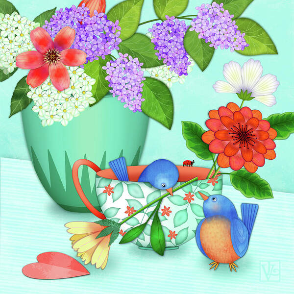 Whimsical Art Poster featuring the digital art Special Friends Two Birds with Teacup by Valerie Drake Lesiak