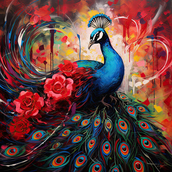 Colorful Peacock Poster featuring the painting Splendor Of Love And Glory - Peacock Colorful Artwork by Lourry Legarde
