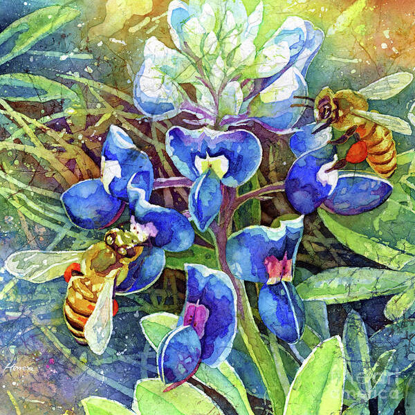 Bluebonnet Poster featuring the painting Spring Breeze - Bluebonnet and Bees by Hailey E Herrera