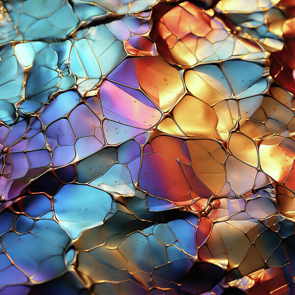 Abstract Poster featuring the digital art Stained Glass Mosaic of Warm Golds and Cool Blues - AI Art by Chris Anson