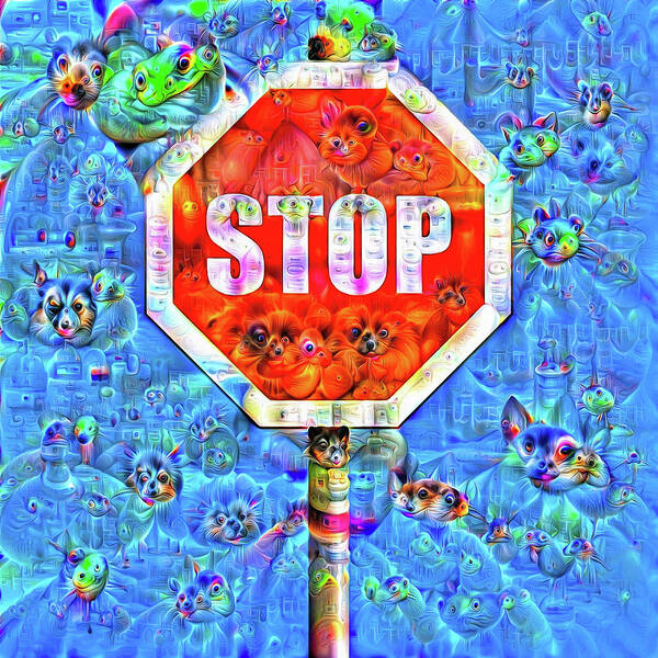 Stop Poster featuring the digital art Stop Sign Surreal Deep Dream Image by Matthias Hauser