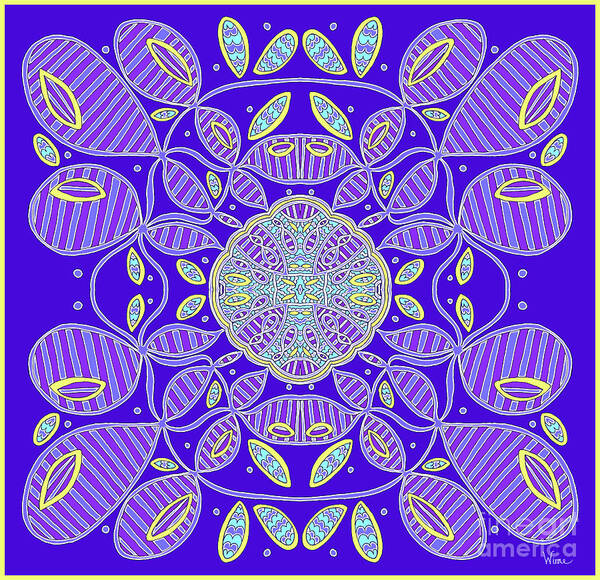 Blue And Purple Strips Poster featuring the mixed media Striped Blobs and Ornate Center in Blue, Purple, Turquoise and Yellow by Lise Winne