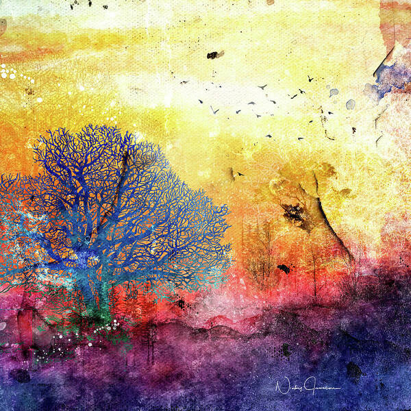 Landscape Poster featuring the mixed media Sunrise Landscape by Nicky Jameson