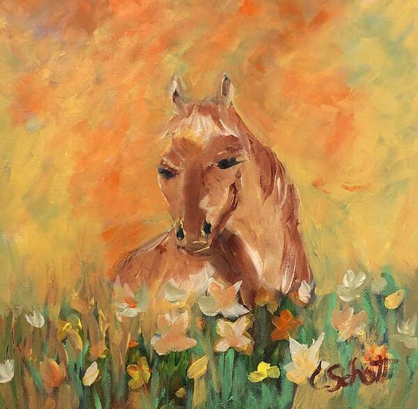 Horse Sky Sunset Flowers Poster featuring the painting Sunset by Christina Schott
