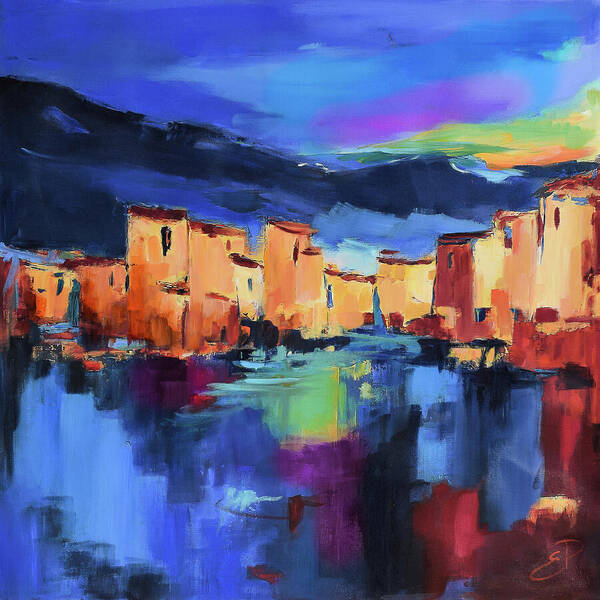 Cinque Terre Poster featuring the painting Sunset Over the Village by Elise Palmigiani