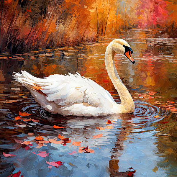Autumn Swan Poster featuring the digital art Swim and Grace by Lourry Legarde