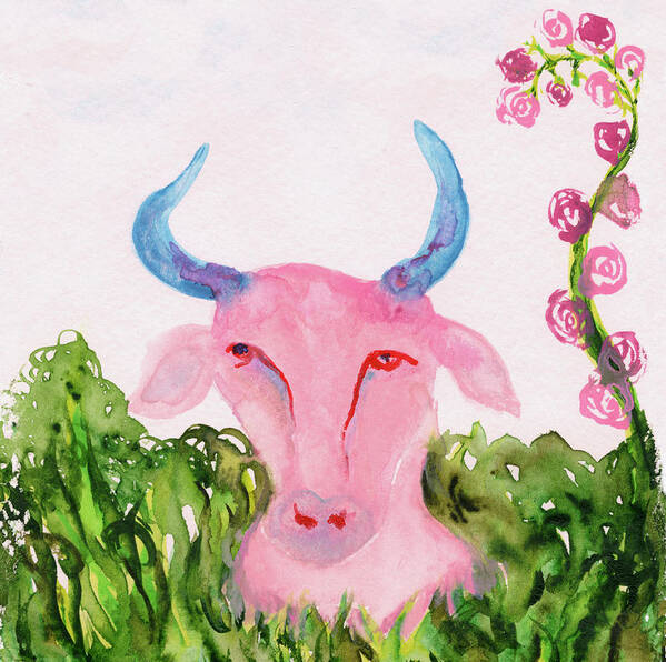Pink Blue Taurus Bull Poster featuring the painting Taurus Zodiac Sign Bull Symbol by Anne Nordhaus-Bike