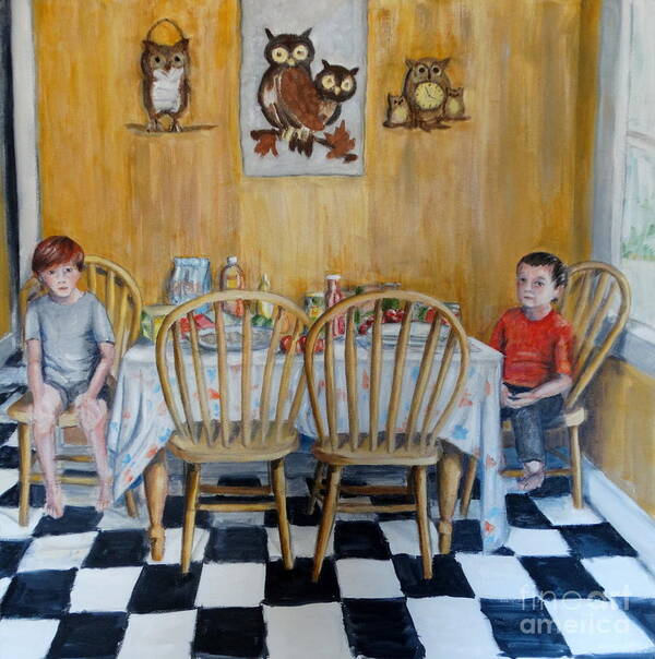 Boys Children Kitchen Owls Clock Hangings Table Chairs Floor Yellow Red Blue White Grey Black Green Orange Ochre Light Shadow Perspective Social Tablecloth Window Wall Sitting Poster featuring the painting The Boys by Ida Eriksen