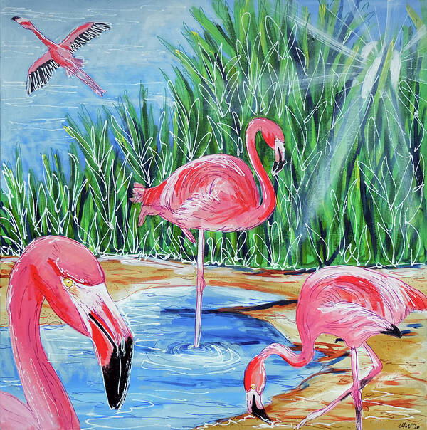 Flamingo Poster featuring the painting The Flamingos by Laura Hol Art