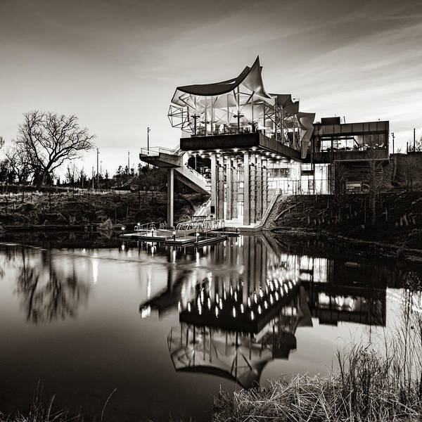 Tulsa Oklahoma Poster featuring the photograph The Gathering Place Boathouse Pond Sepia 1x1 - Tulsa Oklahoma by Gregory Ballos