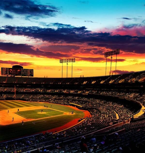 Oakland Poster featuring the digital art The Oakland-Alameda County Coliseum in sunset light by Nicko Prints