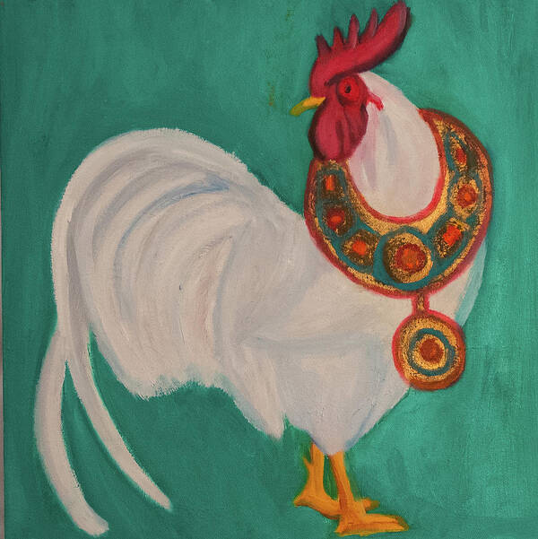 Rooster Poster featuring the painting The Rooster and The African Necklace by Anita Hummel