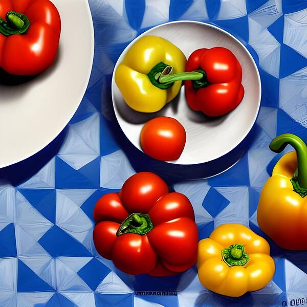 Fruit Poster featuring the digital art Tomatoes and Peppers by Katrina Gunn