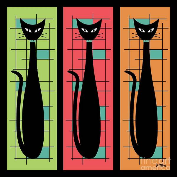 Mid Century Modern Poster featuring the digital art Trio of Cats Green, Salmon and Orange on Black by Donna Mibus