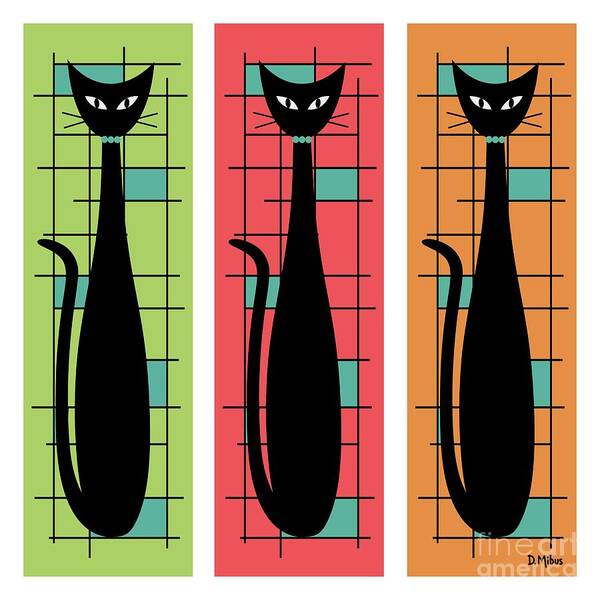 Mid Century Modern Poster featuring the digital art Trio of Cats Green, Salmon and Orange on White by Donna Mibus