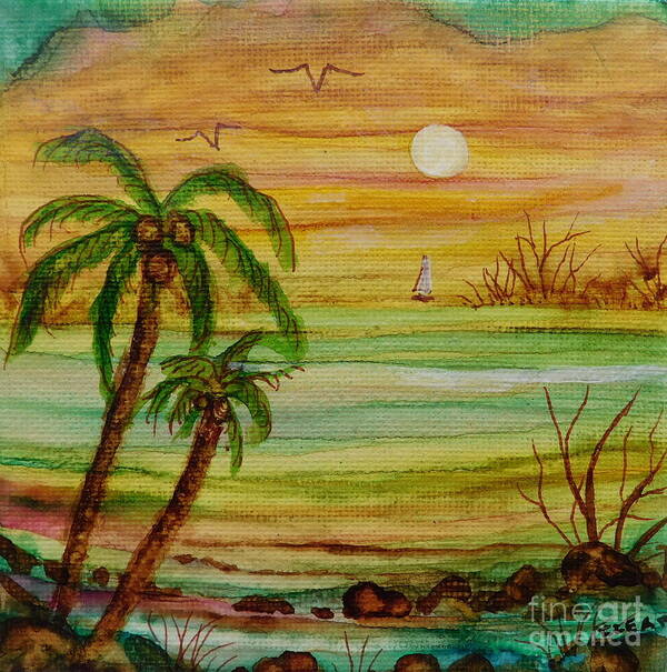 Tiny Painting Of The Moon Rising Over A Tranquil Beach As A Lone Sailboat Passes By. It Is Done Using Alcohol Ink On A 5 X 5 Stretched Canvas. Poster featuring the painting Tropical Moon by Joan Clear