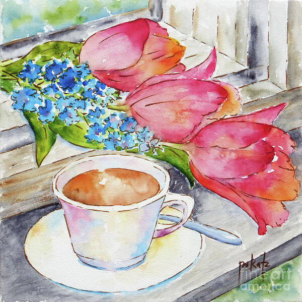 Coffee Signs Poster featuring the painting Tulips On The Windowsill by Pat Katz