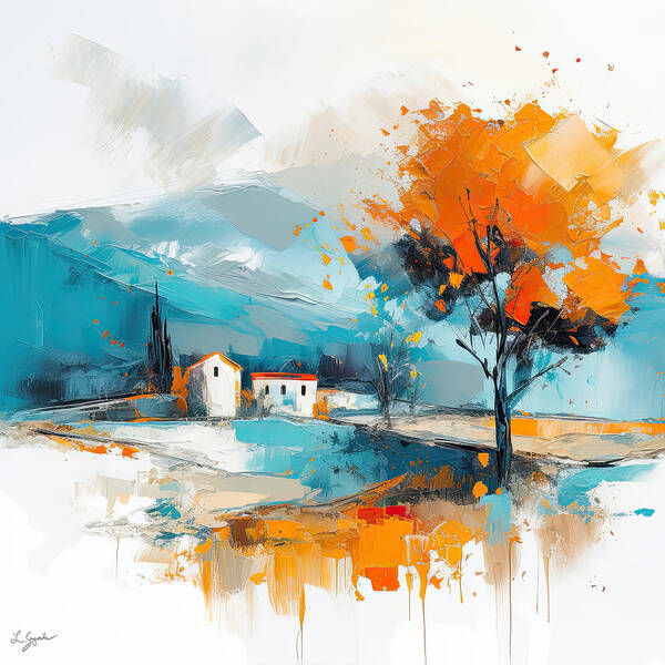 Turquoise And Orange Poster featuring the painting Turquoise and Orange Tuscan Landscapes - Modern Impressionist Art by Lourry Legarde