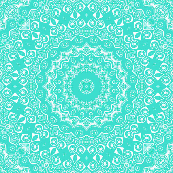 Turquoise Poster featuring the digital art Turquoise on White Mandala Kaleidoscope Medallion by Mercury McCutcheon
