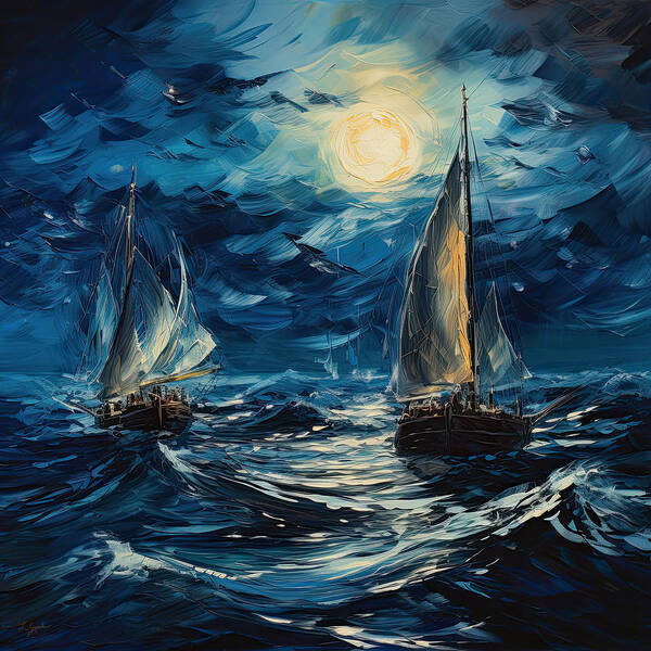 Turquoise Poster featuring the painting Turquoise Sailing - Moonlight Sailing by Lourry Legarde