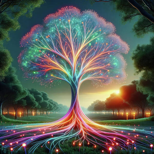 Digital Illustration Poster featuring the digital art Twilight Fiber Optic Tree - AI Art by Chris Anson